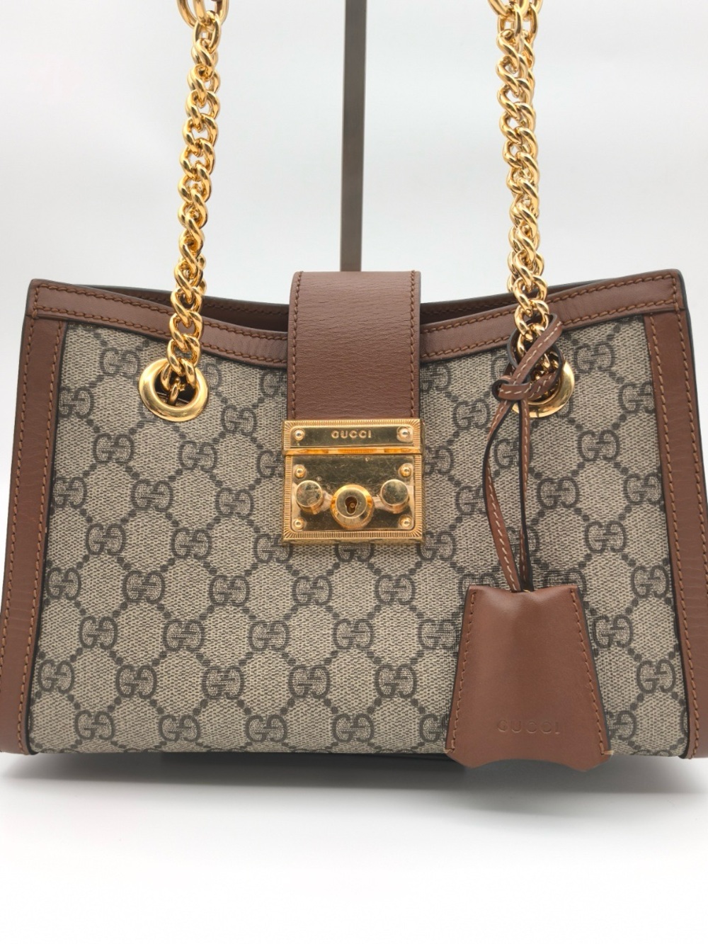Gucci Brown Padlock GG Supreme Canvas Shoulder Bag with Gold Chain